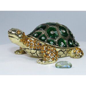 Rhinestone Green Turtle Trinket Box+Mystic Topaz Natural Gem New Keepsake Amulet